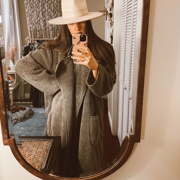 Woman Within Jackets & Blazers - Woman Within Taupe / green teddy Sherpa Coat